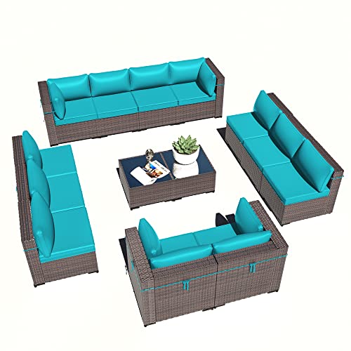 ASJMR Outdoor Patio Furniture Set with Fire Pit Table, 13 Pieces Outdoor Furniture Set Patio Sectional Sofa w/43in Propane Fire Pit, PE Wicker Rattan Patio Conversation Sets - Grey