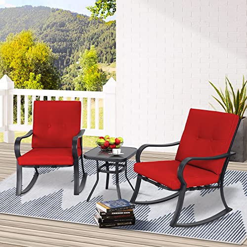 SOLAURA 3-Piece Outdoor Rocking Chairs Bistro Set, Black Iron Patio Furniture with Brown Thickened Cushion & Glass-Top Coffee Table
