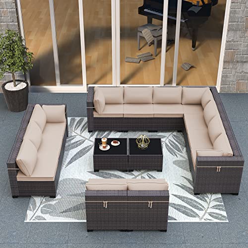 ASJMR Outdoor Patio Furniture Set with Fire Pit Table, 13 Pieces Outdoor Furniture Set Patio Sectional Sofa w/43in Propane Fire Pit, PE Wicker Rattan Patio Conversation Sets - Grey
