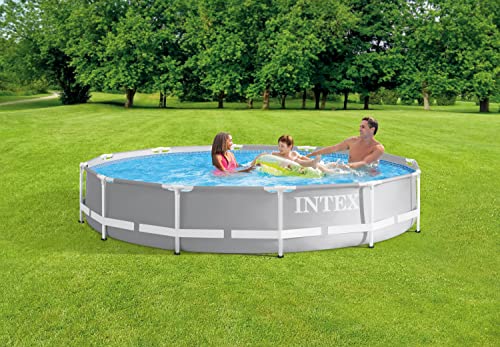 Intex 15 Foot x 42 Inch Prism Frame Above Ground Outdoor Backyard Swimming Pool Set with 1000 GPH Filter Pump, Ladder, and Secure Pool Cover, Gray