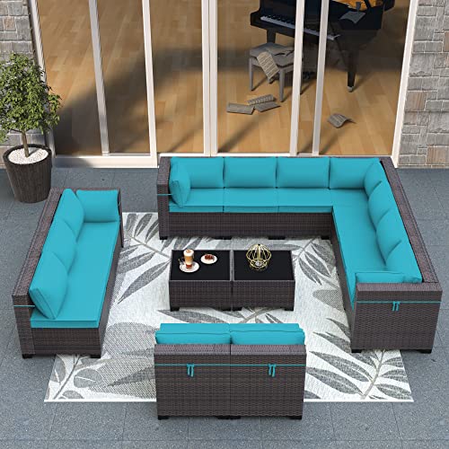 ASJMR Outdoor Patio Furniture Set with Fire Pit Table, 13 Pieces Outdoor Furniture Set Patio Sectional Sofa w/43in Propane Fire Pit, PE Wicker Rattan Patio Conversation Sets - Grey
