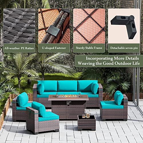 RTDTD Outdoor Patio Furniture Set with Propane Fire Pit Table, 13 Pieces Outdoor Furniture Patio Sectional Sofa Conversation Sets w/ETL Approved 43" Gas Outdoor Fire Table & Coffee Table (Brown)