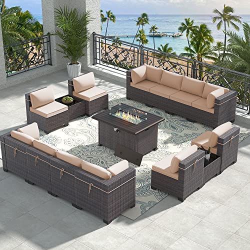 RTDTD Outdoor Patio Furniture Set with Propane Fire Pit Table, 13 Pieces Outdoor Furniture Patio Sectional Sofa Conversation Sets w/ETL Approved 43" Gas Outdoor Fire Table & Coffee Table (Brown)