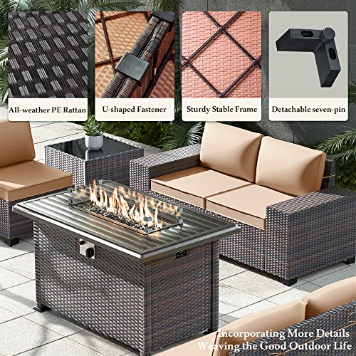 RTDTD Outdoor Patio Furniture Set with Propane Fire Pit Table, 13 Pieces Outdoor Furniture Patio Sectional Sofa Conversation Sets w/ETL Approved 43" Gas Outdoor Fire Table & Coffee Table (Brown)