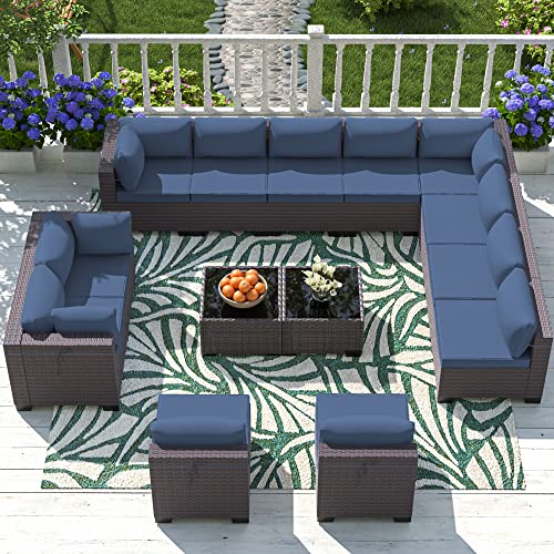 ASJMR Outdoor Patio Furniture Set with Fire Pit Table, 13 Pieces Outdoor Furniture Set Patio Sectional Sofa w/43in Propane Fire Pit, PE Wicker Rattan Patio Conversation Sets - Grey