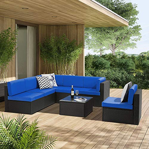 VITESSE 5 Pieces Patio Furniture Sectional Sets,Outdoor All-Weather PE Rattan Wicker Lawn Conversation Sets，Garden Sofa Set with Coffee Table and Washable Couch Cushions (Royal Blue)