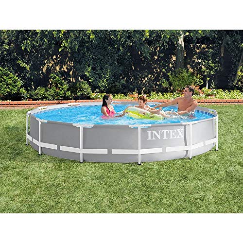 Intex 15 Foot x 42 Inch Prism Frame Above Ground Outdoor Backyard Swimming Pool Set with 1000 GPH Filter Pump, Ladder, and Secure Pool Cover, Gray