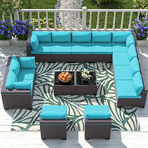 ASJMR Outdoor Patio Furniture Set with Fire Pit Table, 13 Pieces Outdoor Furniture Set Patio Sectional Sofa w/43in Propane Fire Pit, PE Wicker Rattan Patio Conversation Sets - Grey