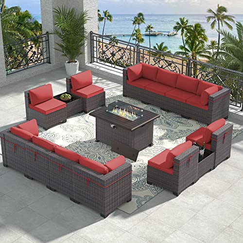 RTDTD Outdoor Patio Furniture Set with Propane Fire Pit Table, 13 Pieces Outdoor Furniture Patio Sectional Sofa Conversation Sets w/ETL Approved 43" Gas Outdoor Fire Table & Coffee Table (Brown)