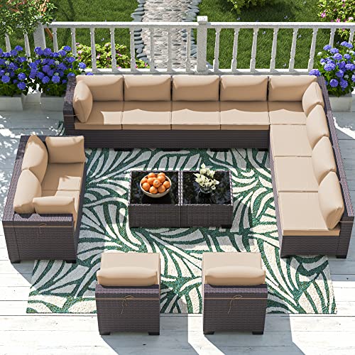 ASJMR Outdoor Patio Furniture Set with Fire Pit Table, 13 Pieces Outdoor Furniture Set Patio Sectional Sofa w/43in Propane Fire Pit, PE Wicker Rattan Patio Conversation Sets - Grey