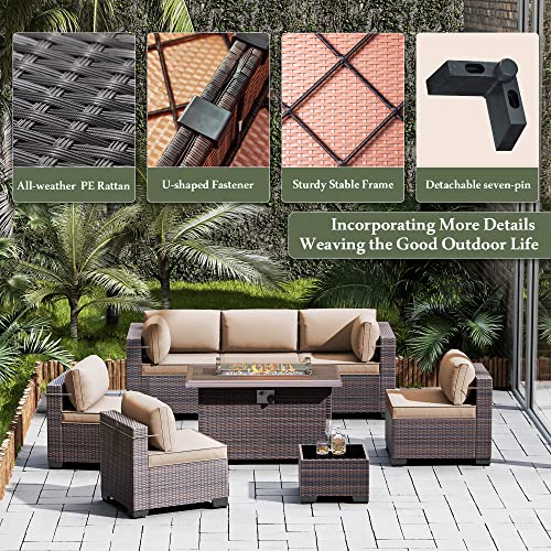 RTDTD Outdoor Patio Furniture Set with Propane Fire Pit Table, 13 Pieces Outdoor Furniture Patio Sectional Sofa Conversation Sets w/ETL Approved 43" Gas Outdoor Fire Table & Coffee Table (Brown)