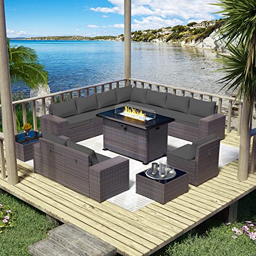 ASJMR Outdoor Patio Furniture Set with Fire Pit Table, 13 Pieces Outdoor Furniture Set Patio Sectional Sofa w/43in Propane Fire Pit, PE Wicker Rattan Patio Conversation Sets - Grey