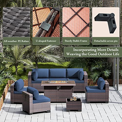 RTDTD Outdoor Patio Furniture Set with Propane Fire Pit Table, 13 Pieces Outdoor Furniture Patio Sectional Sofa Conversation Sets w/ETL Approved 43" Gas Outdoor Fire Table & Coffee Table (Brown)