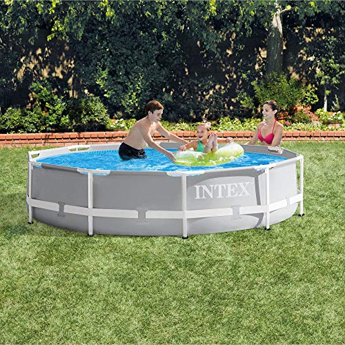 Intex 15 Foot x 42 Inch Prism Frame Above Ground Outdoor Backyard Swimming Pool Set with 1000 GPH Filter Pump, Ladder, and Secure Pool Cover, Gray