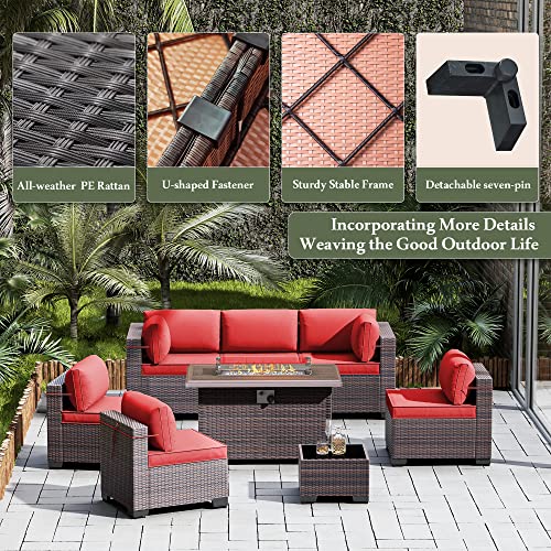 RTDTD Outdoor Patio Furniture Set with Propane Fire Pit Table, 13 Pieces Outdoor Furniture Patio Sectional Sofa Conversation Sets w/ETL Approved 43" Gas Outdoor Fire Table & Coffee Table (Brown)