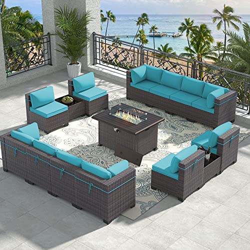 RTDTD Outdoor Patio Furniture Set with Propane Fire Pit Table, 13 Pieces Outdoor Furniture Patio Sectional Sofa Conversation Sets w/ETL Approved 43" Gas Outdoor Fire Table & Coffee Table (Brown)
