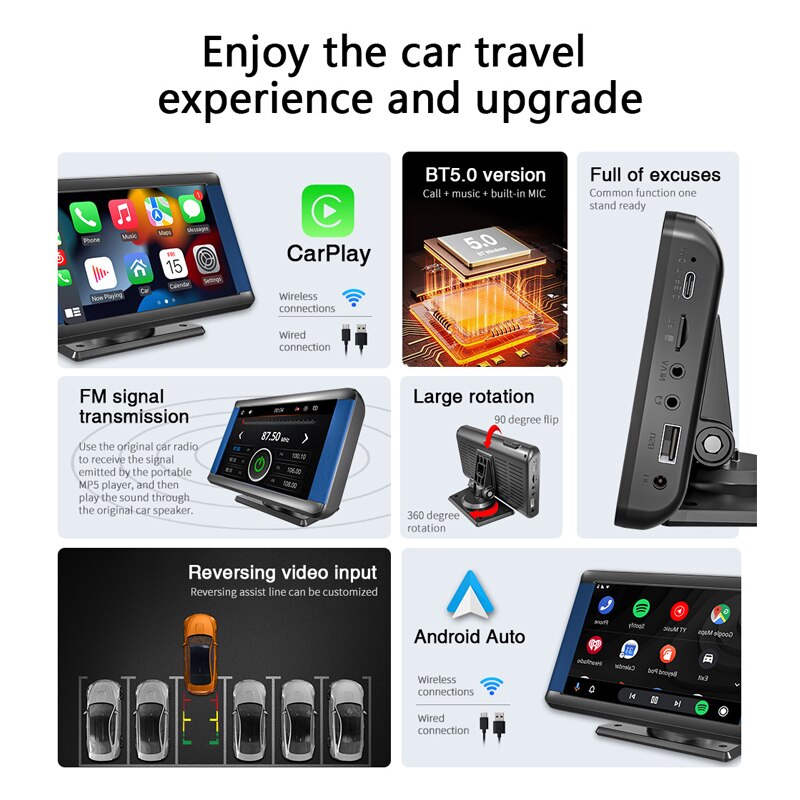 Portable Car MP5 Player Wireless Carplay Monitor Android Auto 7 Inch Touch Screen Bluetooth Universal Multimedia Stereo
