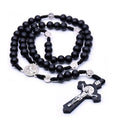 QIGO Religious Wooden Antique Black Cross Rosary Pendant Necklaces Jesus Saint Benedict Beaded Necklace for Men Women Jewelry