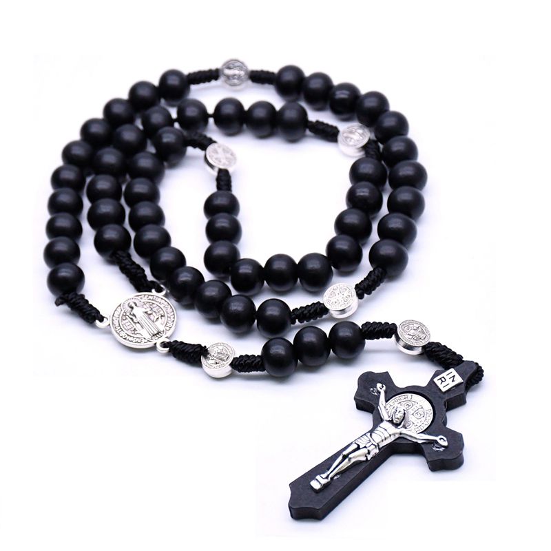 QIGO Religious Wooden Antique Black Cross Rosary Pendant Necklaces Jesus Saint Benedict Beaded Necklace for Men Women Jewelry