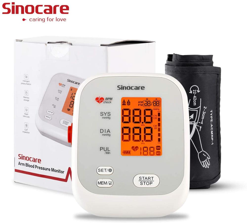 Sinocare Blood Pressure Monitor Upper Arm Tensiometer Automatic Digital BP Machine Sphygmomanometer Heart Rate Pulse 2x90 Memory