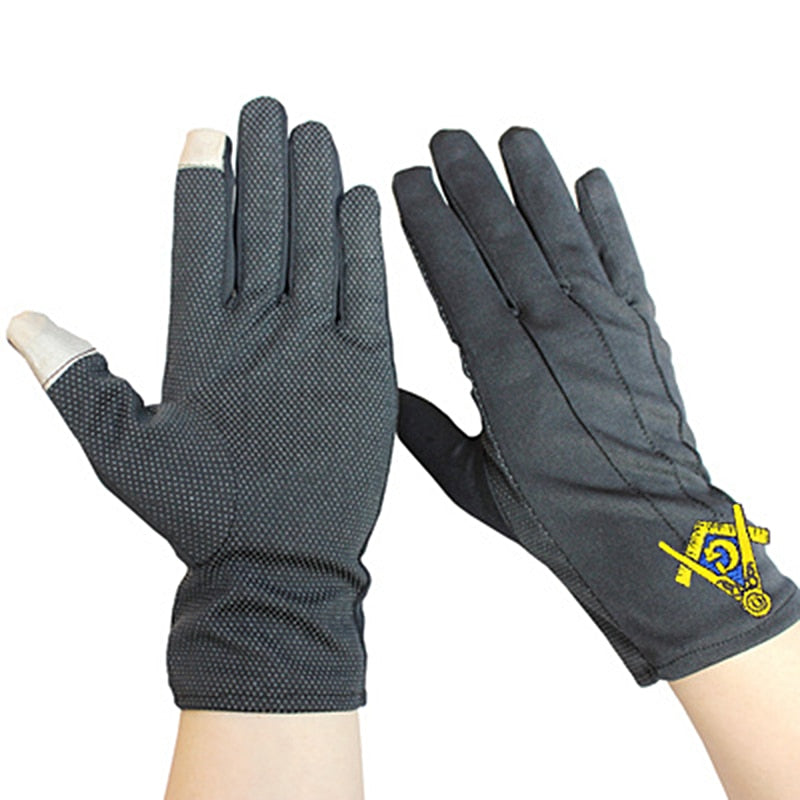 Golden Square and Compass Freemasonry Embroidery, Dot Plastic Anti-slip, Touch Screen, Polyester Gloves-[White]