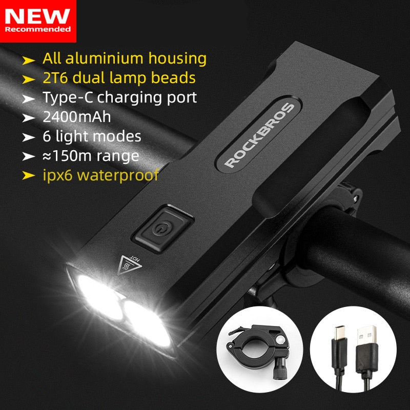 ROCKBROS Bike Light Rainproof USB Rechargeable LED 2000mAh MTB Front Lamp Headlight Aluminum Ultralight Flashlight Bicycle Light