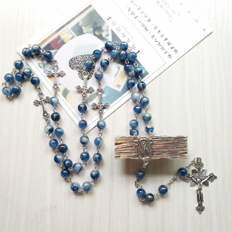 QIGO Blue Acrylic Rosary Necklace Long Cross Pendant Catholic Necklace Religious Jewelry For Men Women