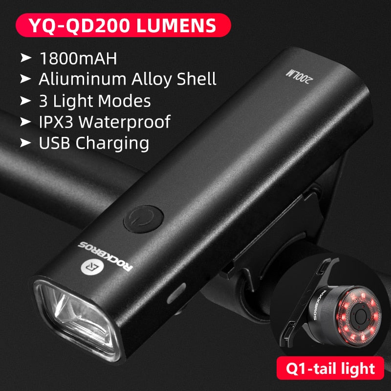 ROCKBROS Bike Light Headlight Bicycle Handlebar Front Lamp MTB Rode Cycling USB Rechargeable Flashlight Safety Tail Light