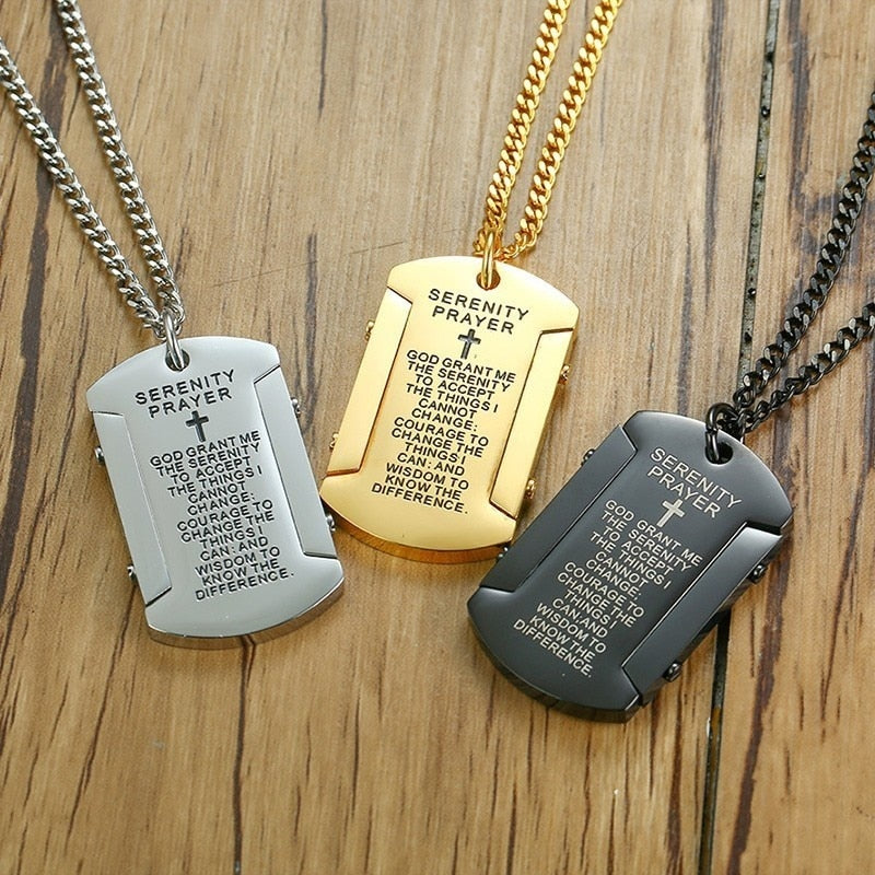 Vnox Mens Necklace with "God grant me the serenity" Stainless Steel Dog Tag Pendant Religious Male Colar Jewelry