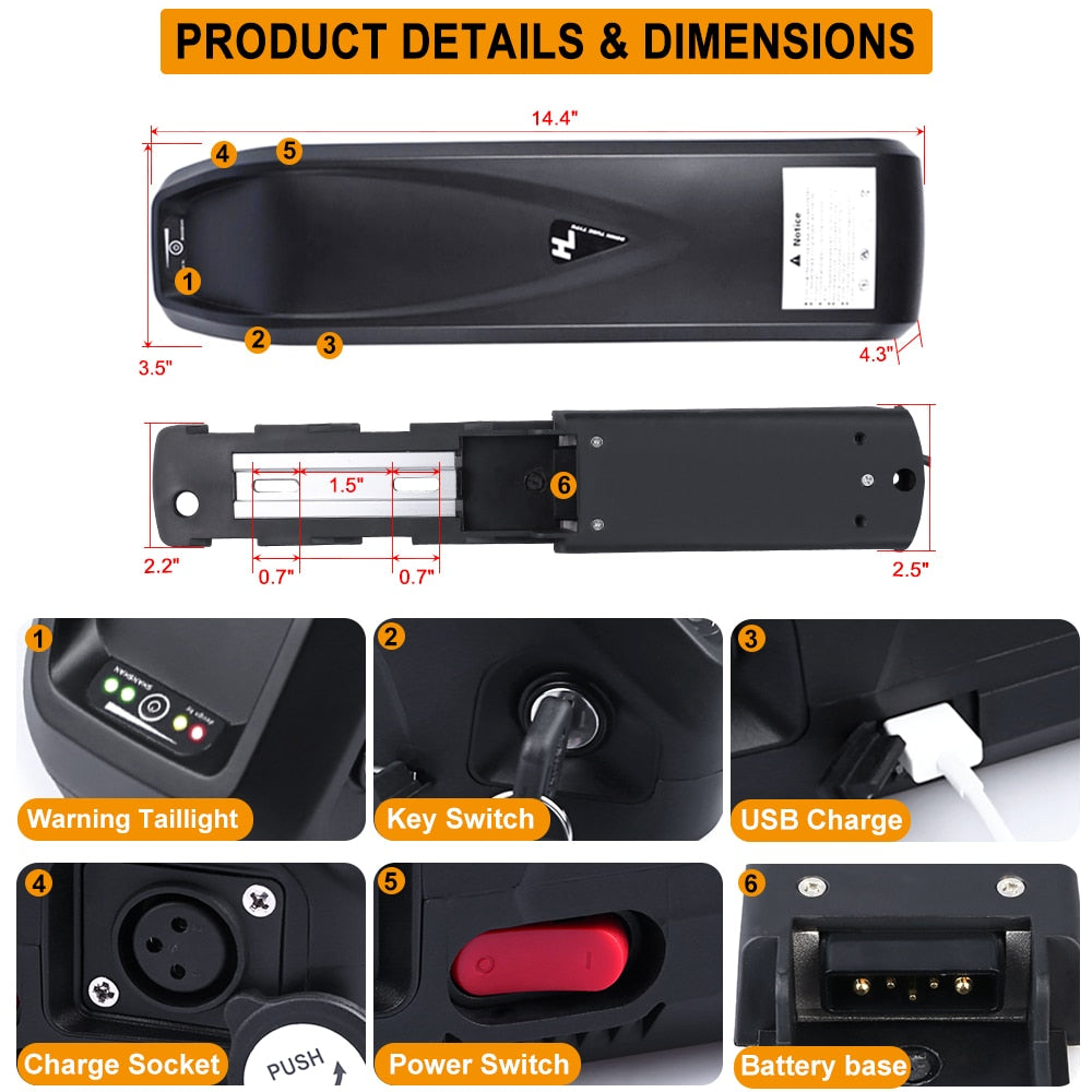 Hailong Samsung Cells E-bike Lithium Battery 48V 17.5Ah 20Ah 18Ah 52V 36V USB Port Powerful Battery Electric Bicycle Conversions