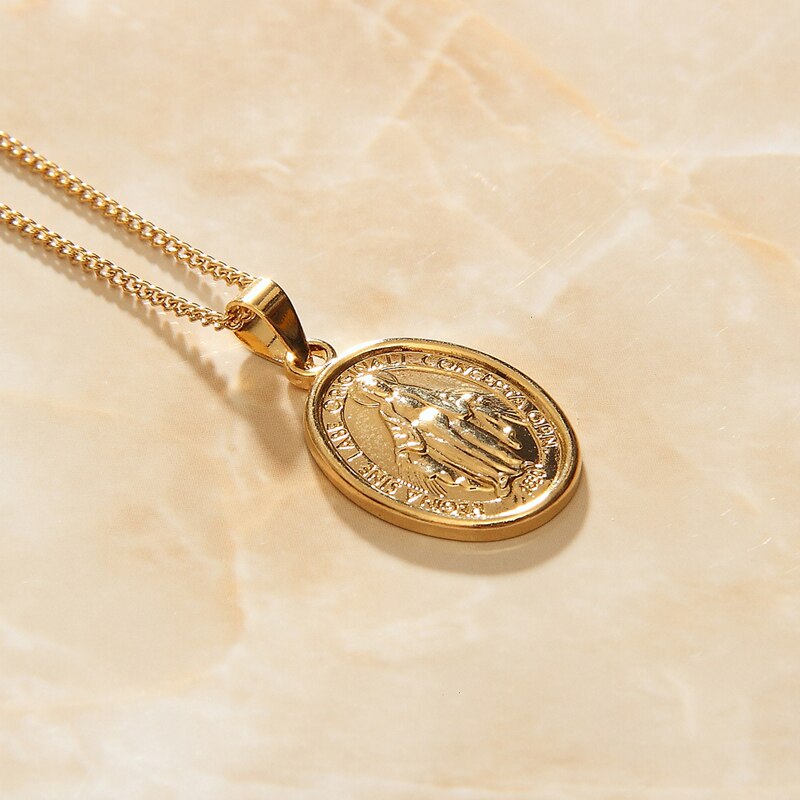 SOMMAR Hot 2020 Gold Vermeil Neutral necklaces &amp; pendants Holy Mother of God Golden religious pattern choker summer jewelry