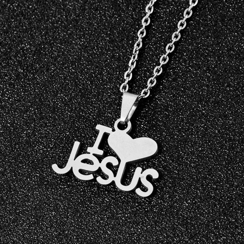Fashion Heart I Love JESUS pendant Necklace Stainless steel Gold color Women charm Christian religious Jewelry Gift
