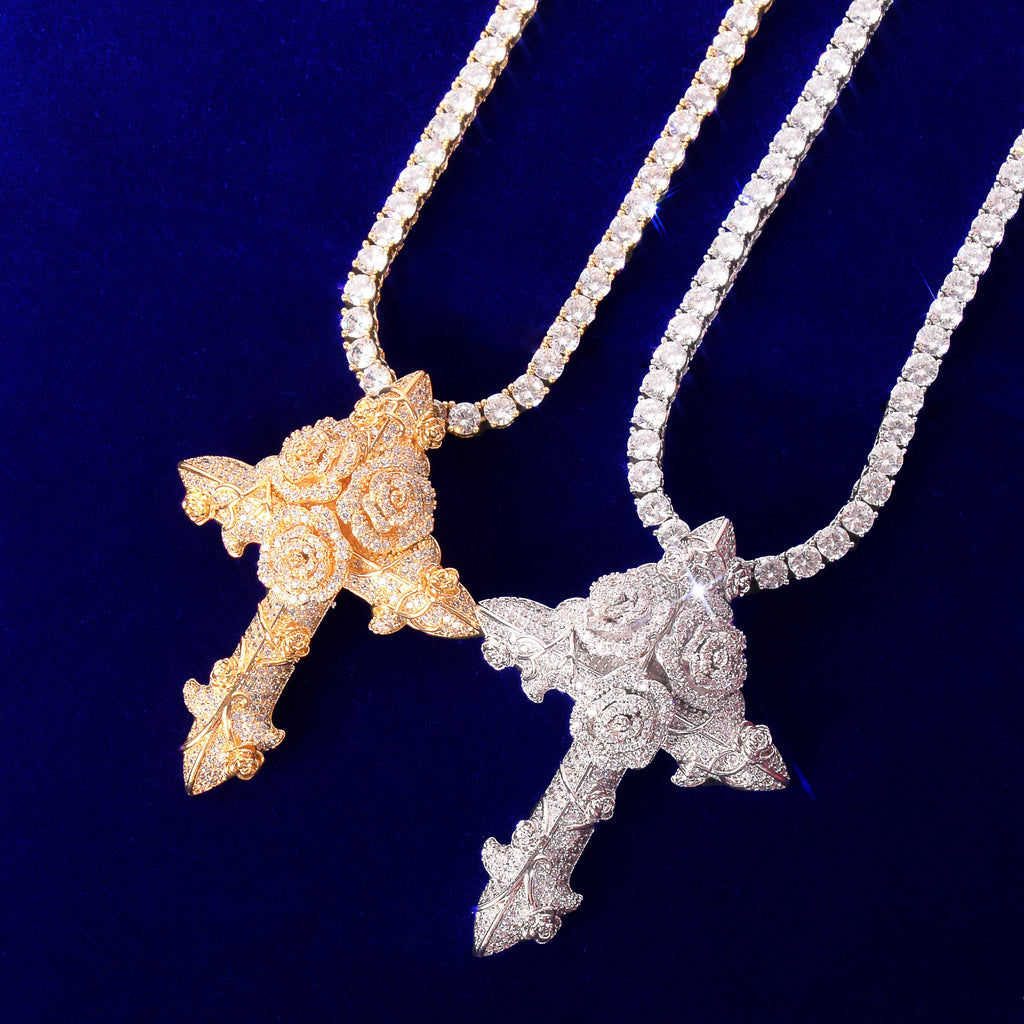 Cross Flower Necklaces &amp; Pendant Gold Color Plated Bling Cubic Zircon Men's Hip Hop Jewelry
