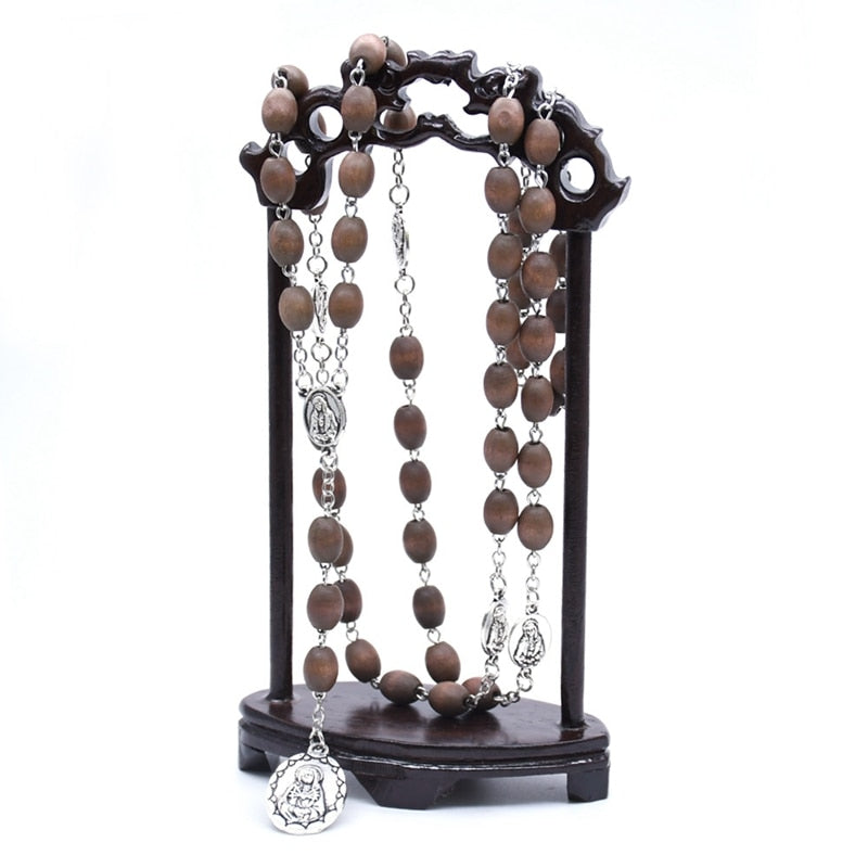 QIGO Brown Wood Rosary Necklace Long Catholic Pray Jewelry For Men Women Religious Gifts