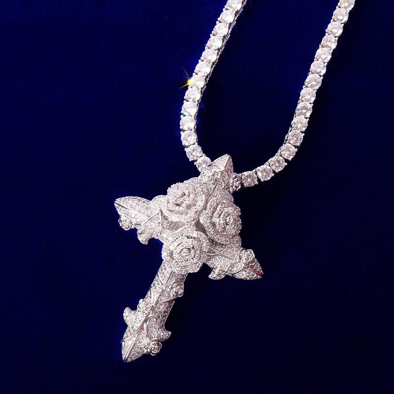 Cross Flower Necklaces &amp; Pendant Gold Color Plated Bling Cubic Zircon Men's Hip Hop Jewelry