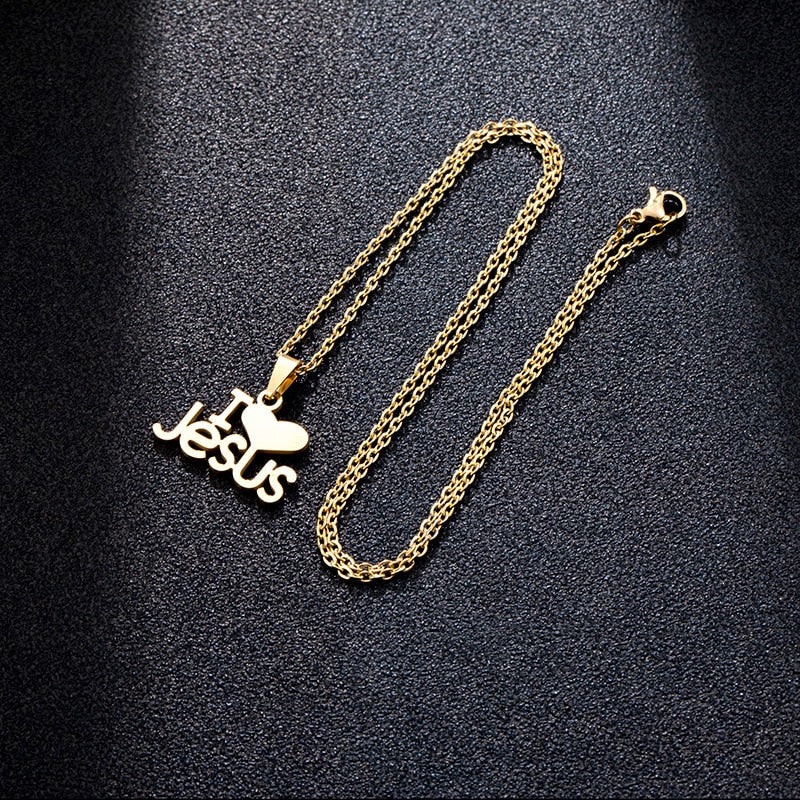 Fashion Heart I Love JESUS pendant Necklace Stainless steel Gold color Women charm Christian religious Jewelry Gift