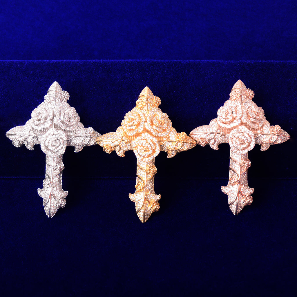 Cross Flower Necklaces &amp; Pendant Gold Color Plated Bling Cubic Zircon Men's Hip Hop Jewelry