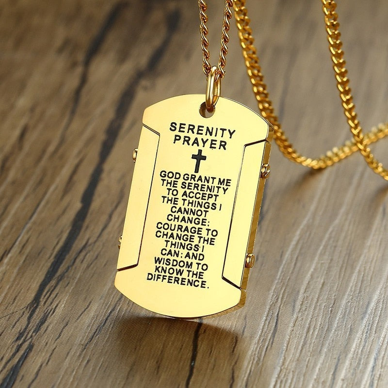 Vnox Mens Necklace with "God grant me the serenity" Stainless Steel Dog Tag Pendant Religious Male Colar Jewelry