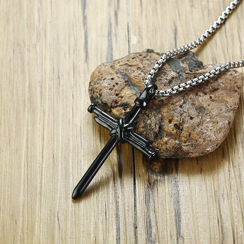 Vnox Stylish Nail Cross Pendant Necklace for Men,Stainless Steel Religious Jewelry Punk Christian Prayer Male Collars