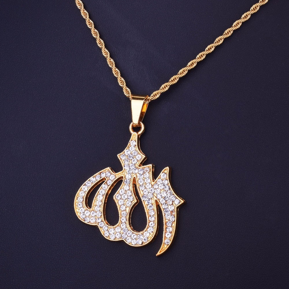 Religious Muslim Jewelry Hip Hop Style Gold Color Bling Crystal Islamic Allah Necklaces &amp; Pendants For Men/Women