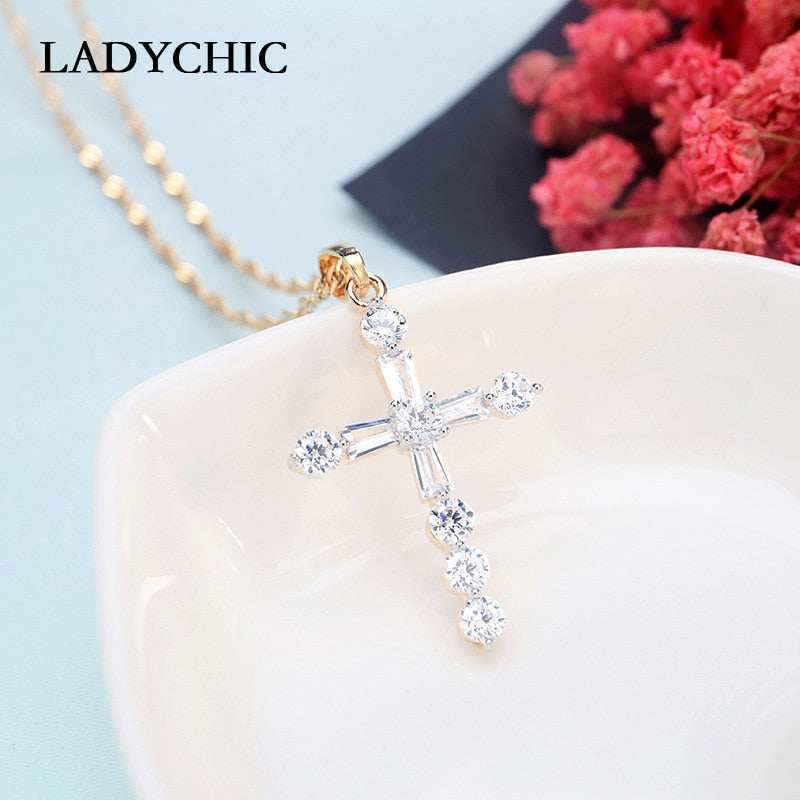 LADYCHIC Sparkling Gold Color Cross Pendant Necklace Christian Religious Luxury BLING Zircon Crystal Cross for Women Gift LN1071