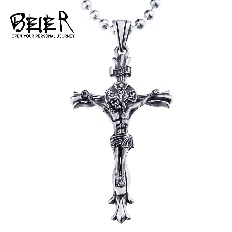 BEIER white/gold Catholic Religious Jesus Piece Cross Pendant Necklace For Men Gift Vintage Chain Christian Jewelry BP8-188