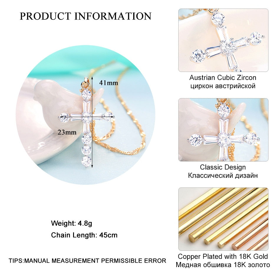 LADYCHIC Sparkling Gold Color Cross Pendant Necklace Christian Religious Luxury BLING Zircon Crystal Cross for Women Gift LN1071