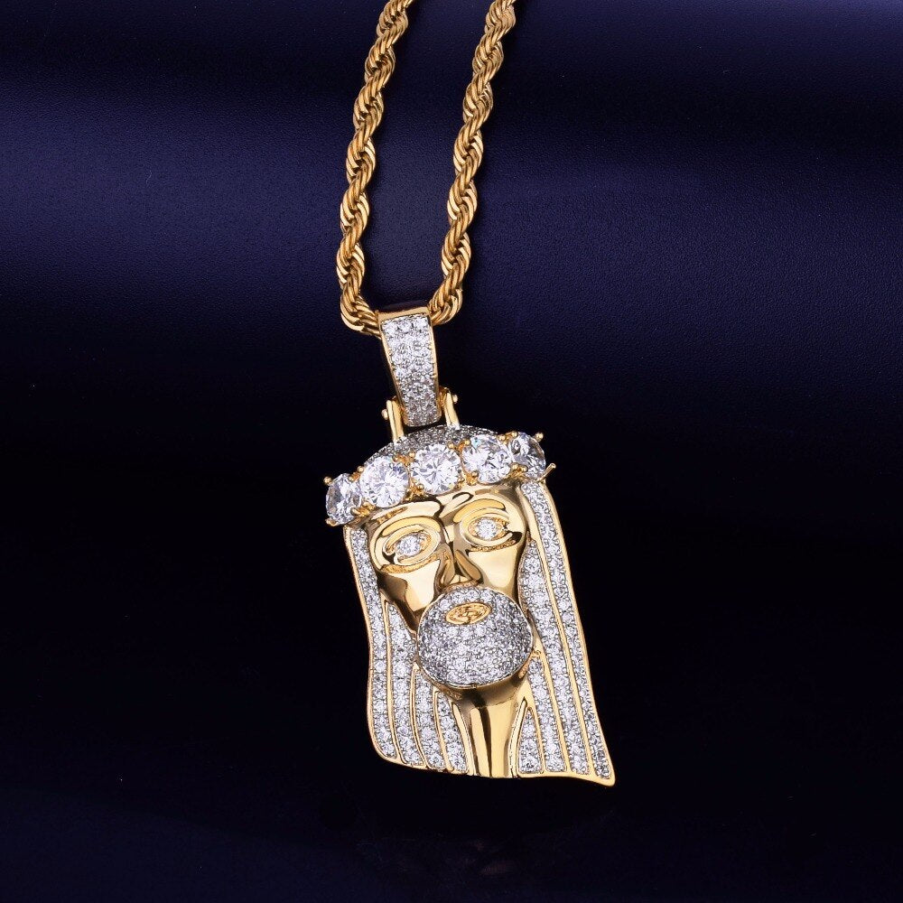 Iced Religious Jesus Head Pendant Necklace Gold Color Bling Cubic Zircon Men's Hip Hop Jewelry For Gift