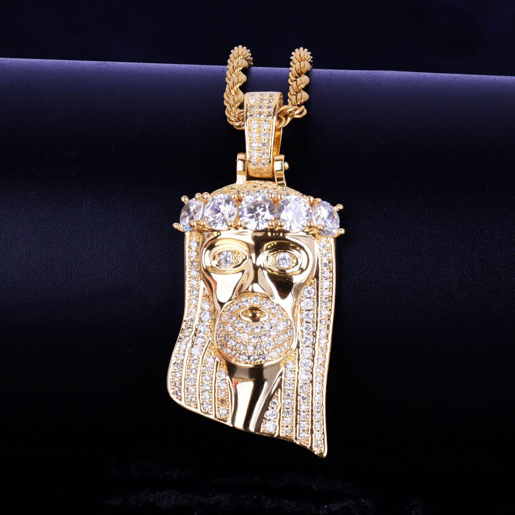 Iced Religious Jesus Head Pendant Necklace Gold Color Bling Cubic Zircon Men's Hip Hop Jewelry For Gift