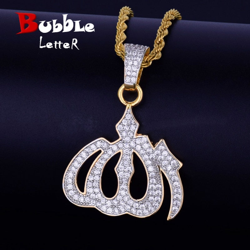 Iced Religious Allah Pendant God Arabic Pendant Gold Color Cubic Zircon Men's Hip Hop Jewelry