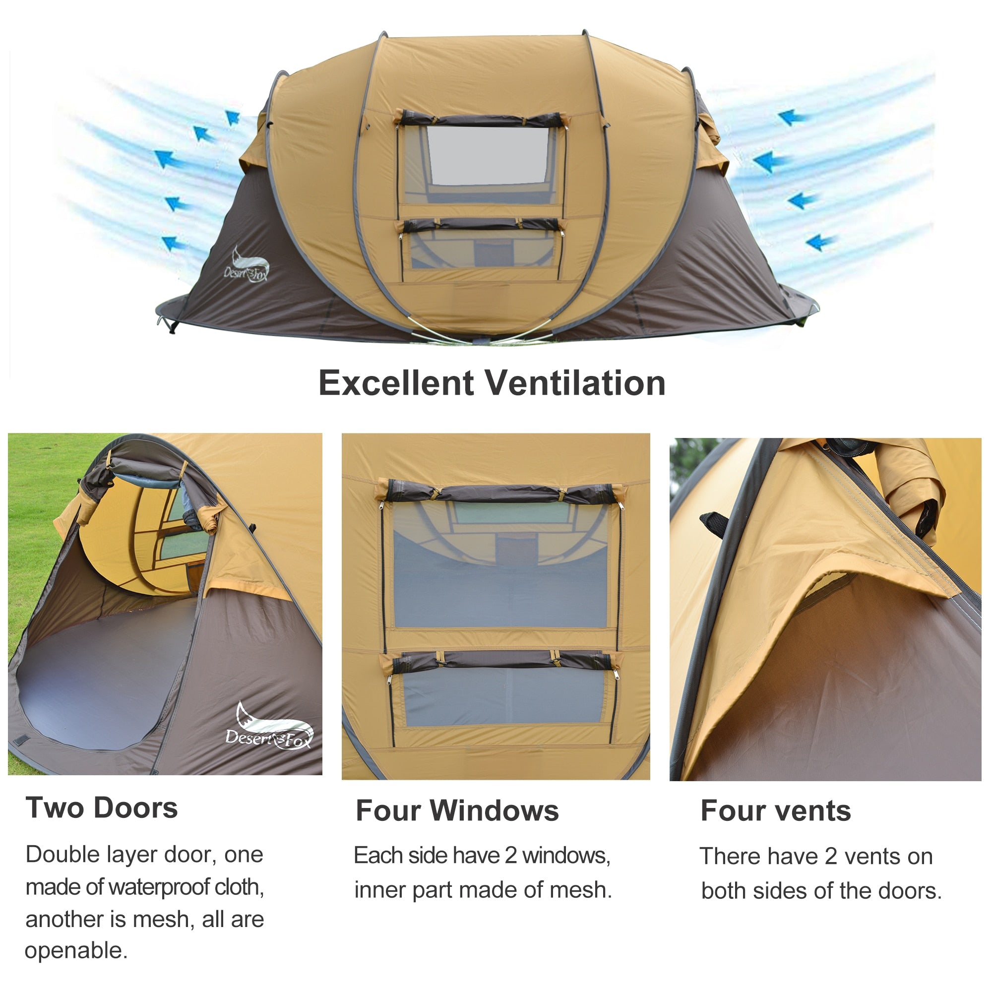 Desert&amp;Fox Automatic Pop-up Tent, 3-4 Person Outdoor Instant Setup Tent 4 Season Waterproof Tent for Hiking, Camping, Travelling