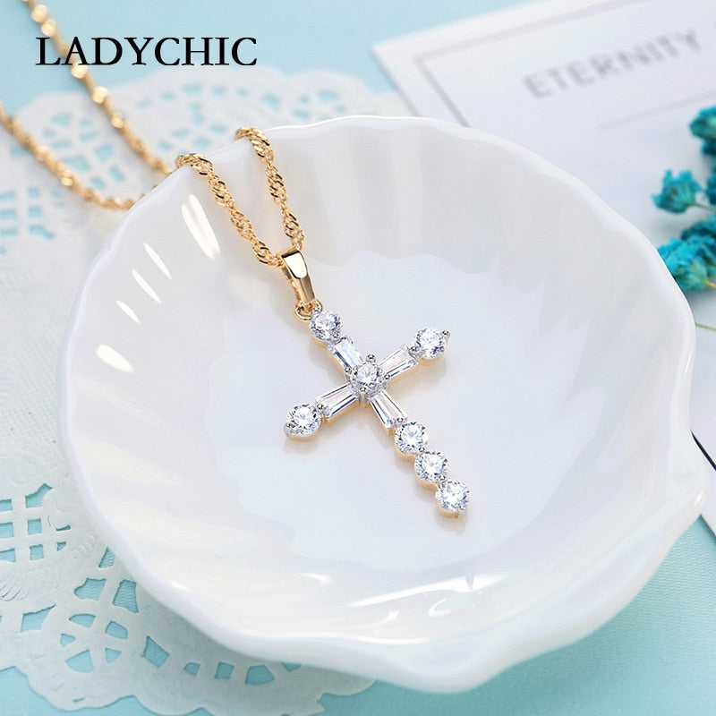 LADYCHIC Sparkling Gold Color Cross Pendant Necklace Christian Religious Luxury BLING Zircon Crystal Cross for Women Gift LN1071