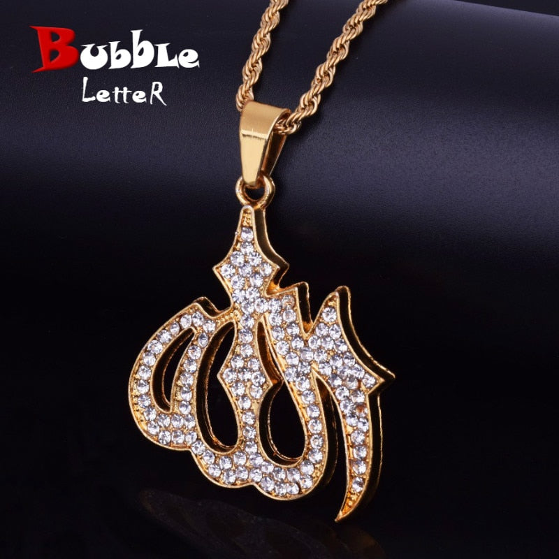 Religious Muslim Jewelry Hip Hop Style Gold Color Bling Crystal Islamic Allah Necklaces &amp; Pendants For Men/Women