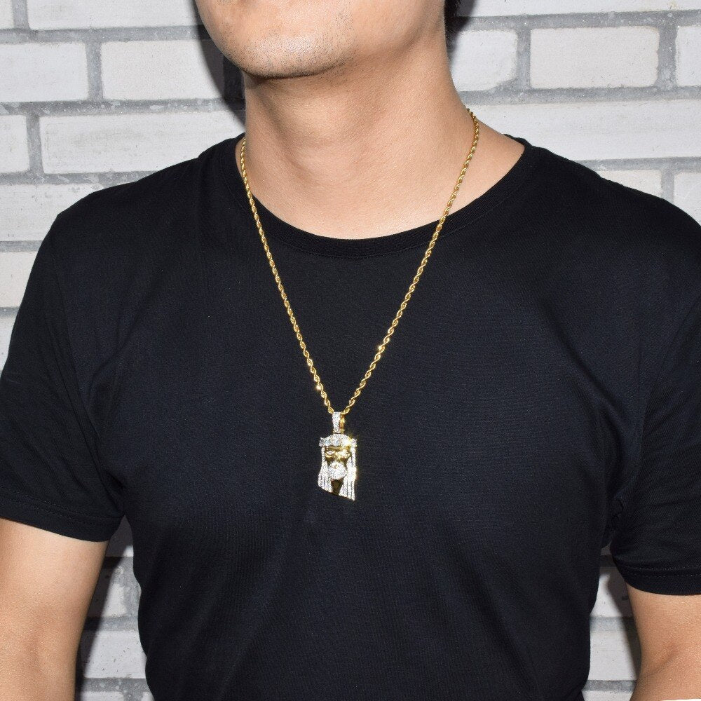 Iced Religious Jesus Head Pendant Necklace Gold Color Bling Cubic Zircon Men's Hip Hop Jewelry For Gift